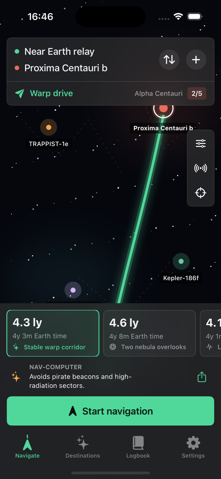 iPhone上で地球からプロキシマ・ケンタウリbへの緑色のワープ航路を表示するCosmic Detour
